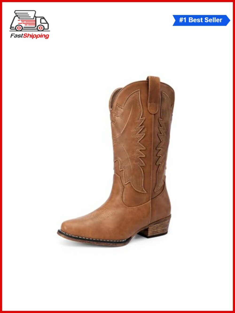 Faux Leather Cowgirl Western Boots Snip Toe Mid-Calf Pull-On